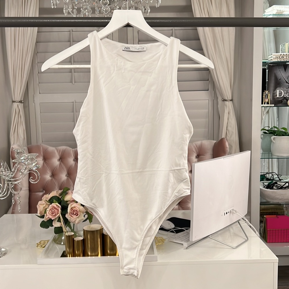 Zara White Ribbed Tank Bodysuit